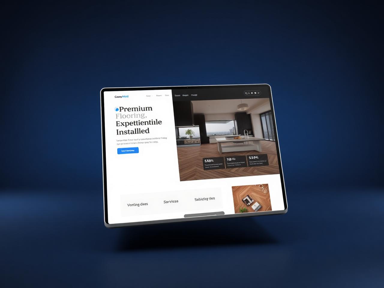 A custom flooring company website designed and hosted by EGEN, shown on a floating screen